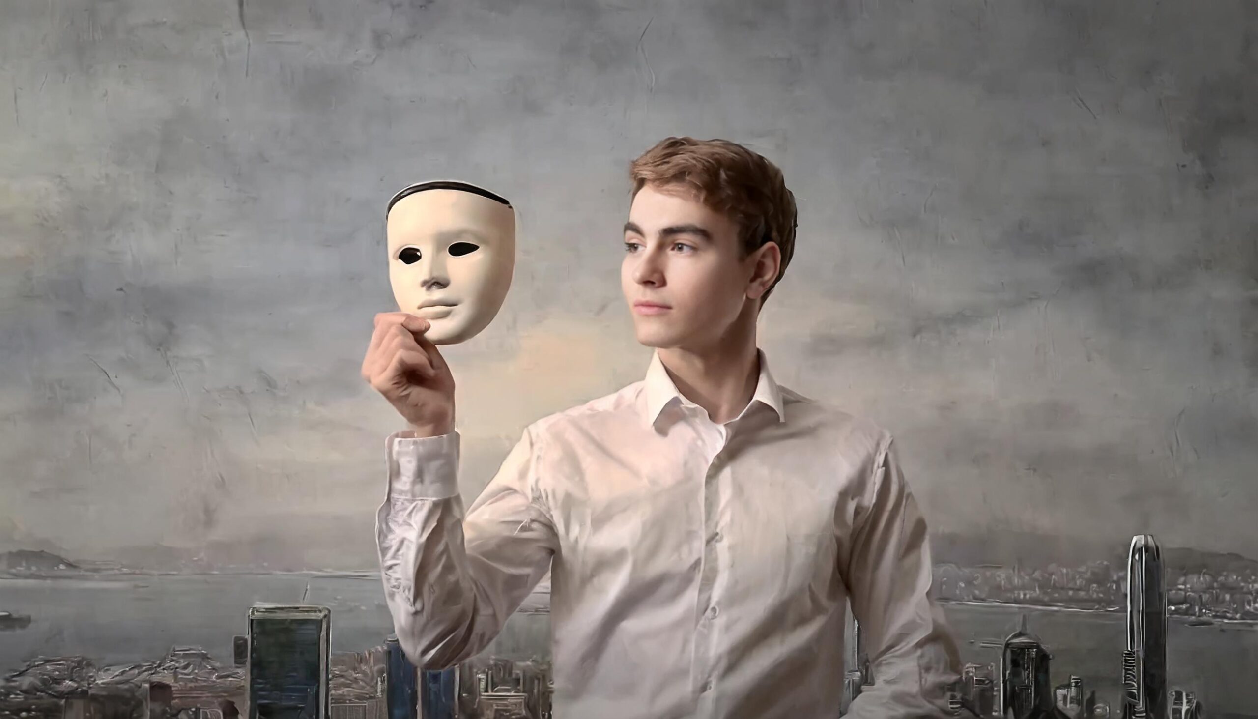 Firefly I want a photo that shows Two-Faced People, for example, a person is holding a mask in his h